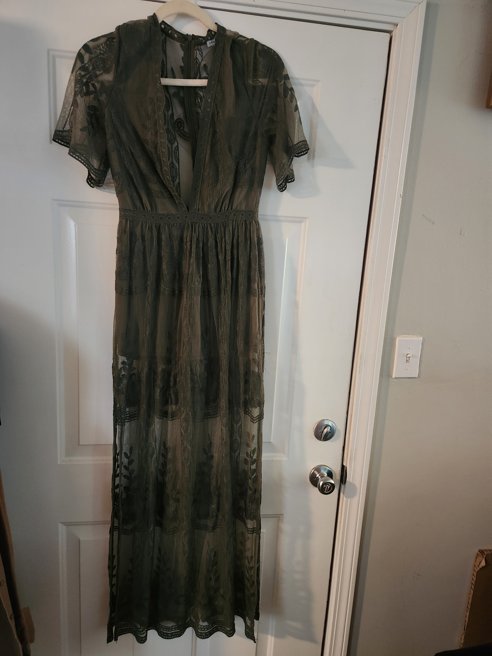 Sheer Olive Green Lace Maxi Dress